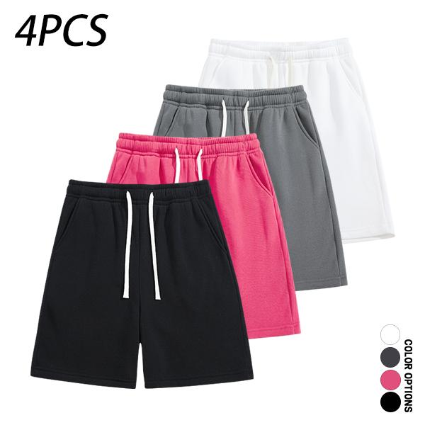 Pack of 4 men’s summer casual shorts featuring a drawstring elastic waistband, skin-friendly and breathable fabric, and a loose fit for everyday wear, leisure activities, sports, and fitness.summervibes