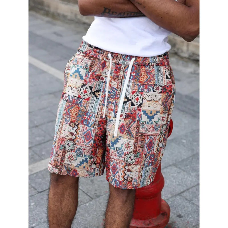 Men's Tribal Geometric Print Vibrant Casual Shorts - Lightweight Streetwear, Above the Knee Athleisure Bottoms with Drawstring & Zippered Pocket, Artful Ethnic Detailing, Bohemian Tapestry Design for Sneakers