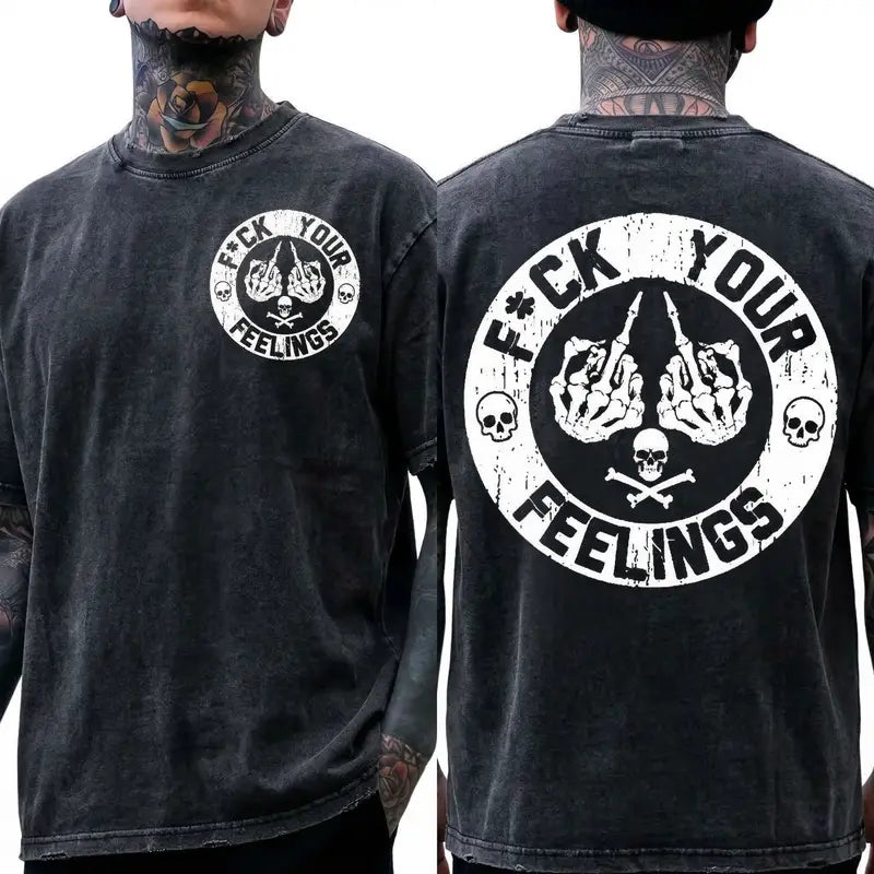 Men's "F*ck Your Feelings" Skull Graphic T-Shirt, Short-Sleeve Round Neck Loose Menswear, Bold Statement Limited Edition Fashion Streetwear Casual Angel Tee tiktokshopspringglowup,summervibes Cotton Tops Black Crewneck Tropical