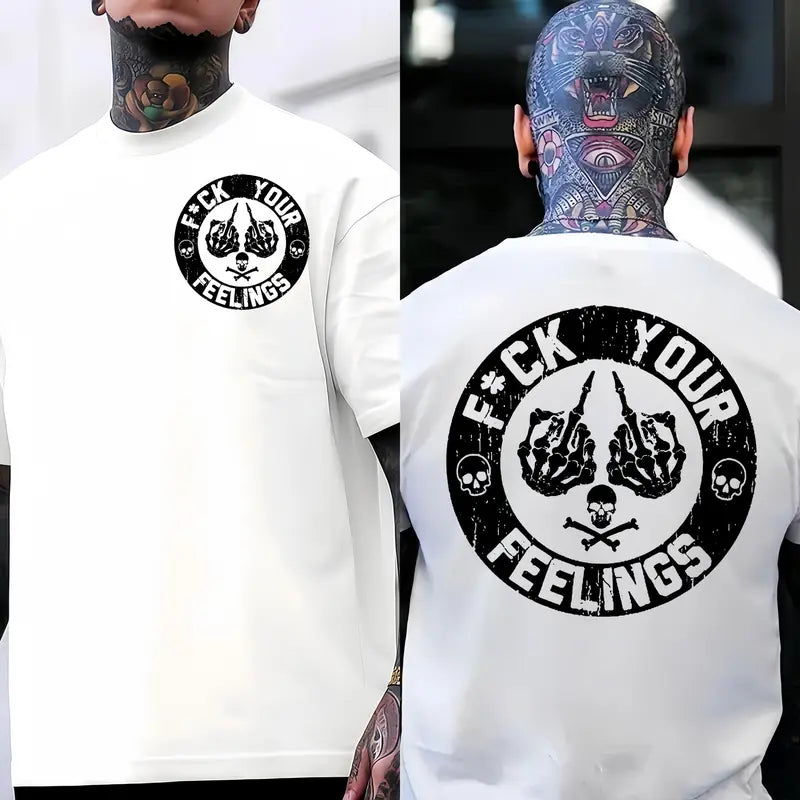 Men's "F*ck Your Feelings" Skull Graphic T-Shirt, Short-Sleeve Round Neck Loose Menswear, Bold Statement Limited Edition Fashion Streetwear Casual Angel Tee tiktokshopspringglowup,summervibes Cotton Tops Black Crewneck Tropical