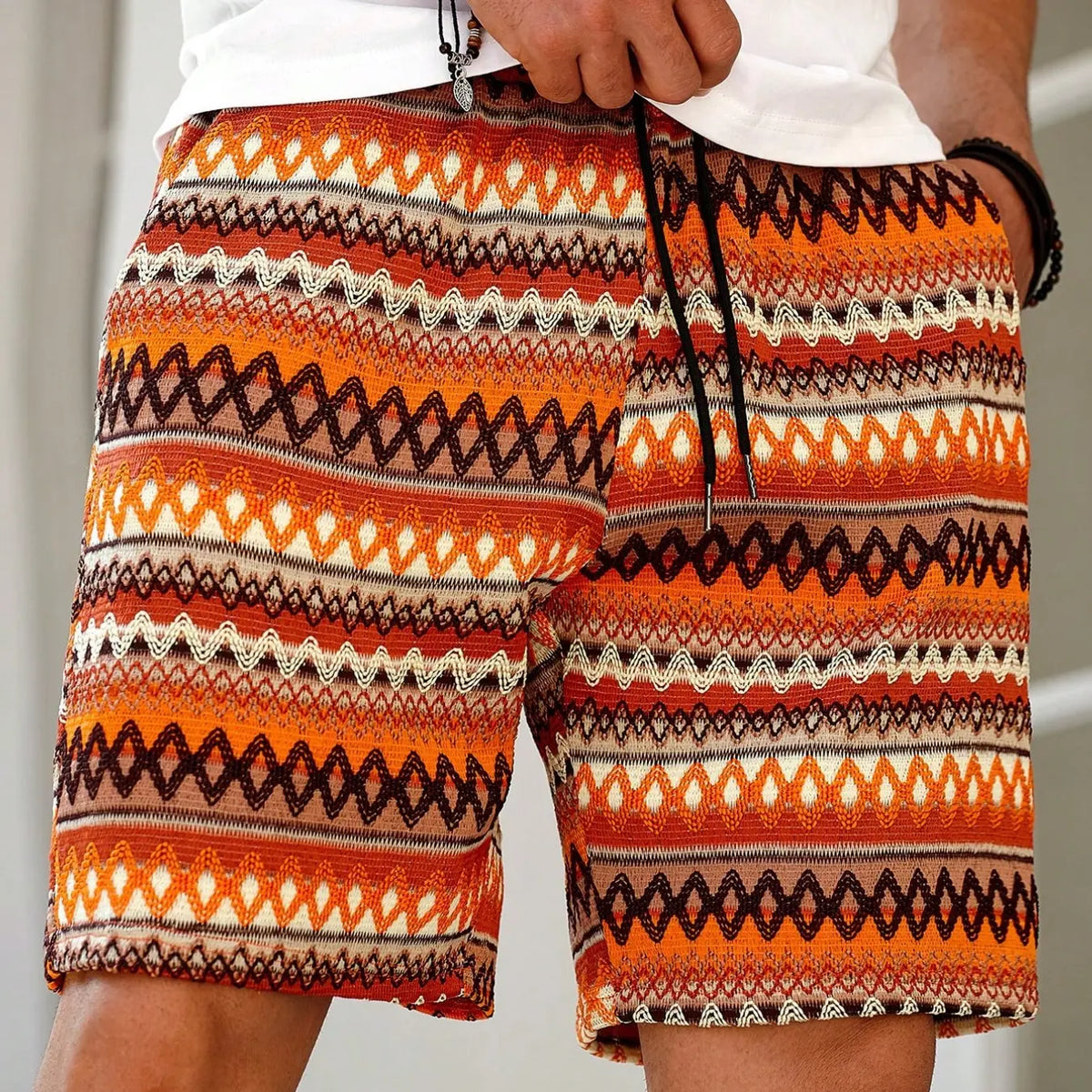 Men's Plus Size Jacquard Shorts, Casual Tropical Chevron Pattern, Mid Waist Drawstring, Fitted Summer Streetwear, Daily, Casual Tropical Style, Hawaiian Beach Shorts