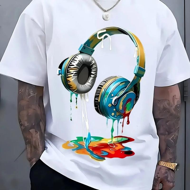Men'S Streetwear Graphic T-Shirt | Vibrant Headphones and Paint Splatter Print - Breathable Fabric | Loose Casual Summer T-Shirt & Machine Washable, Casual Wear