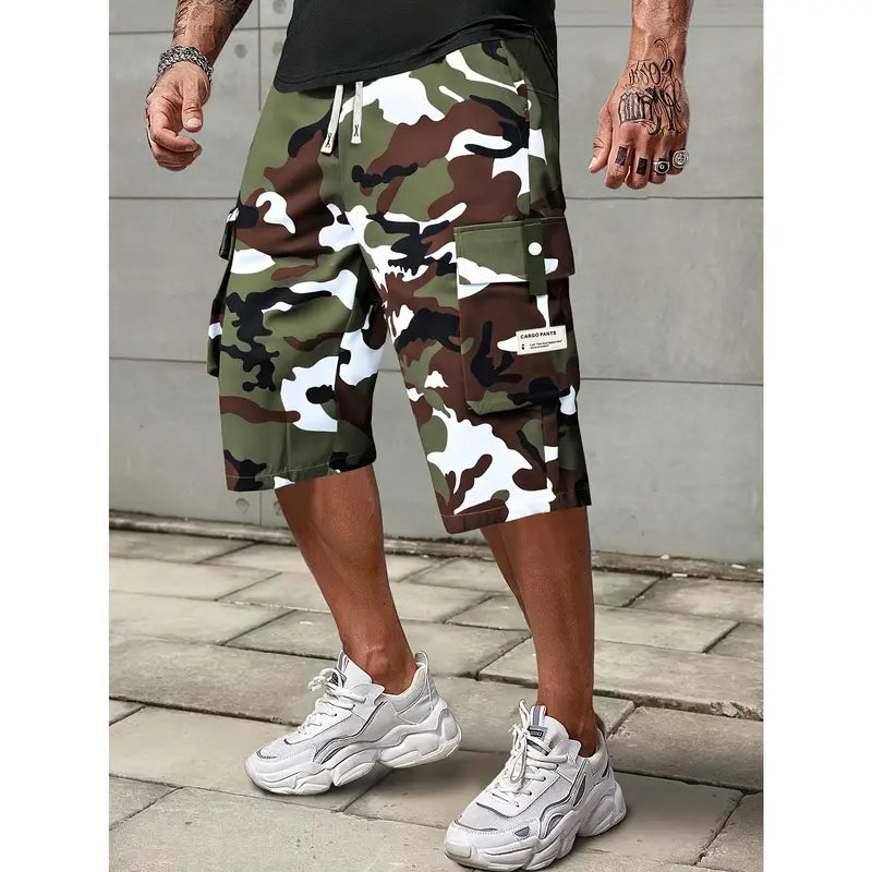 Men's Cropped Athletic Casual Cargo Shorts - Multi-Pocket Cargo Style, Elastic Waist, Adjustable Drawstring, Digital Print, Above-Knee, Cold Wash, XXS Size, Father’s Day Gift for Sports & Outdoor Activities, Athletic Casual Shorts