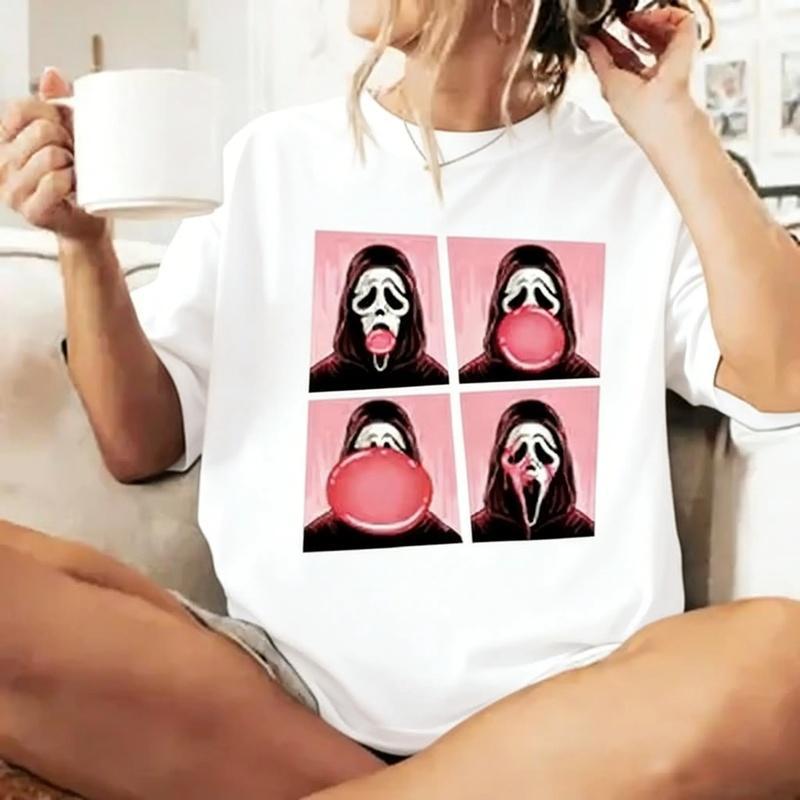 Ghostface Bubble Pink Gum Halloween Shirt, Scream Movie Halloween Shirt Top Womenswear Country Concert Outfits Vintage Graphic Tees Ghostface Summerween Comfort Shirt Halloween Crewnecks Top Black Casual Golf Gift T-Shirt For Men And Women