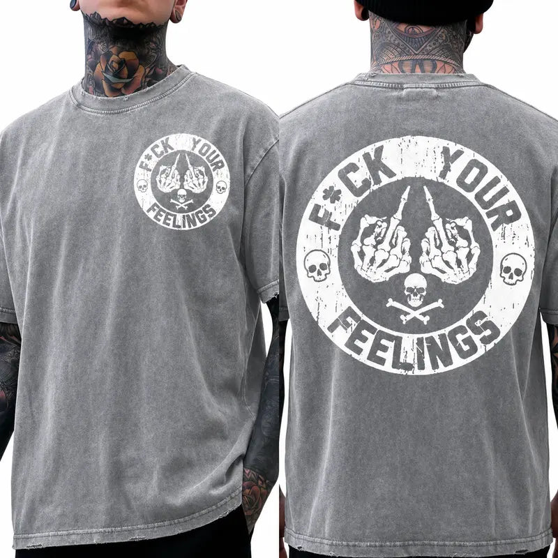 Men's "F*ck Your Feelings" Skull Graphic T-Shirt, Short-Sleeve Round Neck Loose Menswear, Bold Statement Limited Edition Fashion Streetwear Casual Angel Tee tiktokshopspringglowup,summervibes Cotton Tops Black Crewneck Tropical