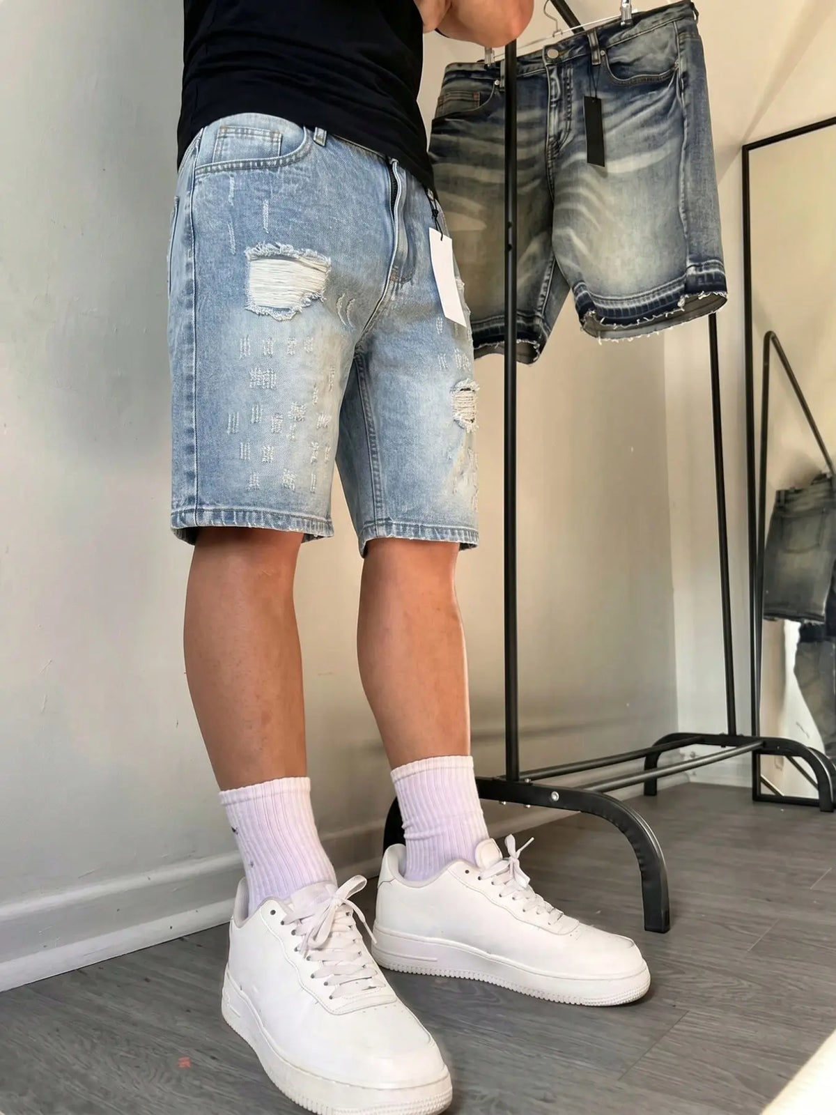 Summer Loose fit ripped 5-inch Loose Plain denim Jean shorts Cotton non-stretch straight cut, hip-hop streetwear street style, breathable & versatile, ideal for daily commuting casual wear