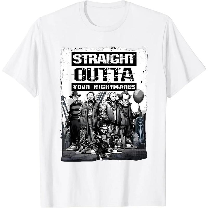 Straight Outta Nightmares" Men's Vintage Horror Halloween T-Shirt - 100% Cotton Casual Round Neck gifts