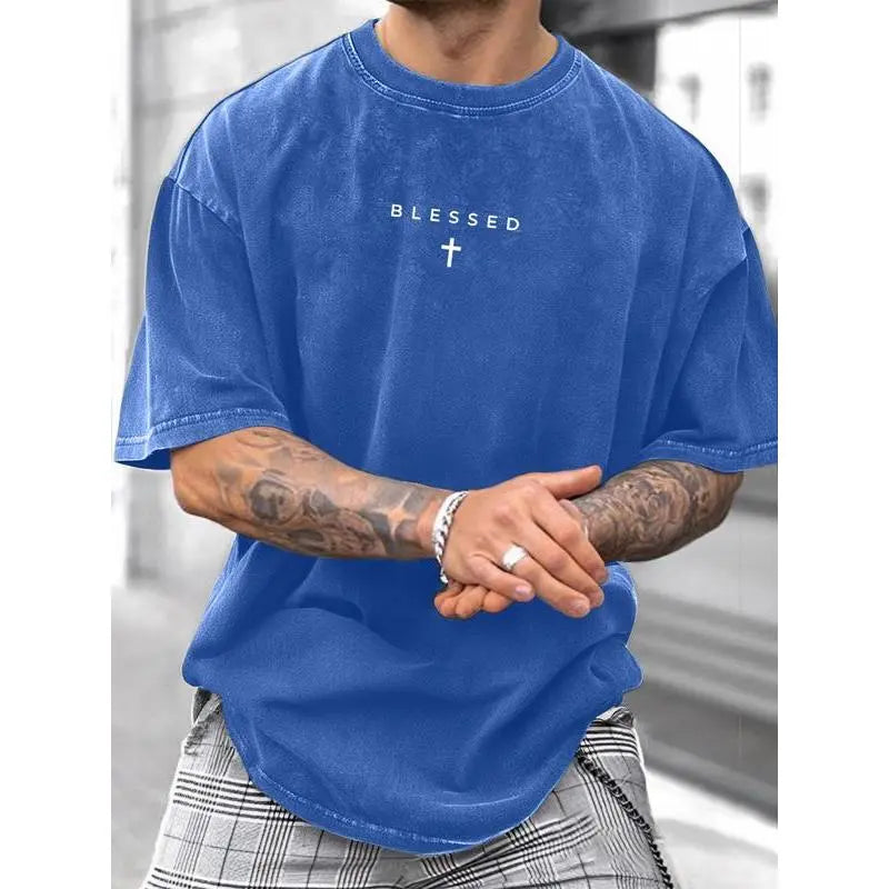 Women's Premium Cotton Fabric Round Neck Short Sleeve T-Shirt - Soft Touch, Vintage Washed, Cross & Letter Graphic, Breathable, Easy to Layer, Casual Street Summer Top for Daily Wear