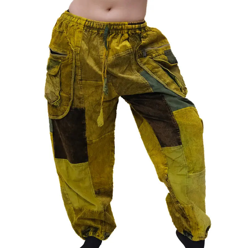 Patchwork Corduroy Baggy Tapered Cuffed Pants - Unisex Compatible, Soft Unisex Boho Hippie Gothic Warm Fall Winter Trousers, Multi-Pocket Handmade Stylish Earth Tone Free Spirit XS-3XL Pants