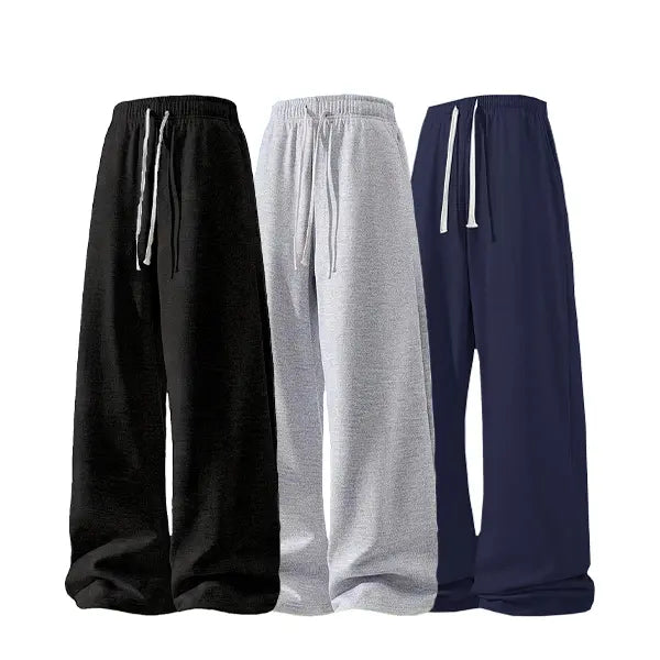 Men's 3-Pair Plain Joggers - 100% Polyester Lightweight Loose Straight Sweatpants, Drawstring, Side Pockets, Soft, Light Grey/Black/Dark Grey, 4-Season Comfort, Menswear for Sports, Gym, Casual Use, Grey Sweatpants