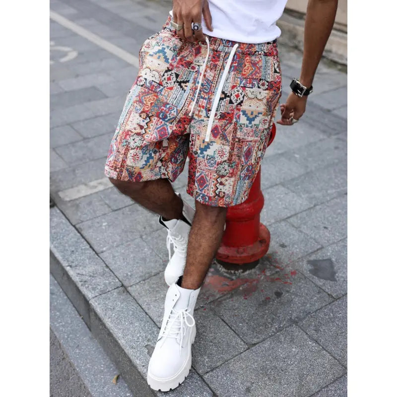 Men's Tribal Geometric Print Vibrant Casual Shorts - Lightweight Streetwear, Above the Knee Athleisure Bottoms with Drawstring & Zippered Pocket, Artful Ethnic Detailing, Bohemian Tapestry Design for Sneakers