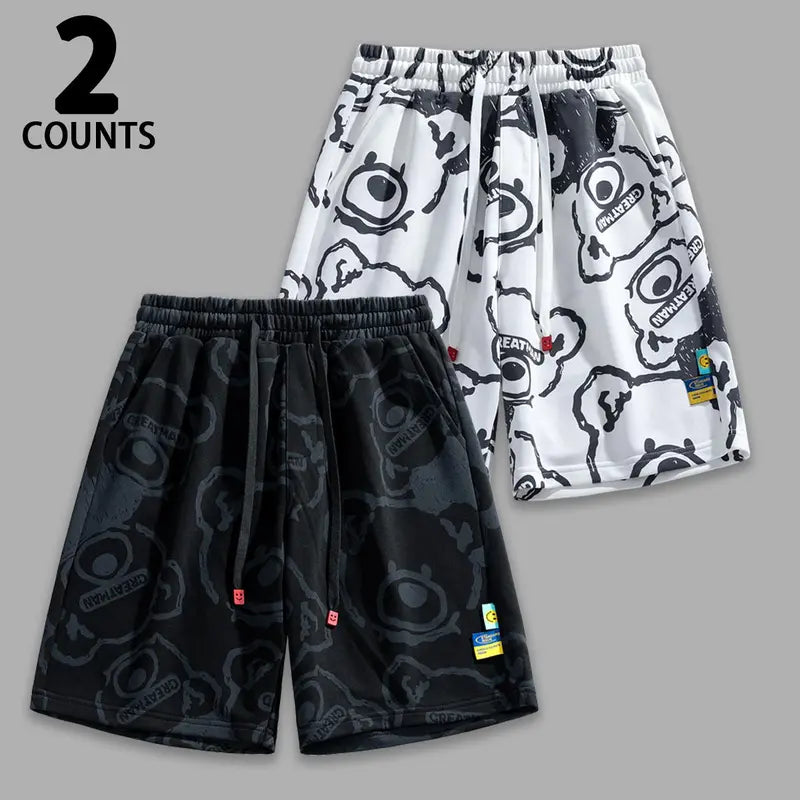 Men's Patterned Sketch Graphic Print Multipack Shorts - Lightweight, Washable Streetwear Outfits Bottoms with Relaxed Silhouette, Knee Above Length for Weekend Strolls, Hangouts