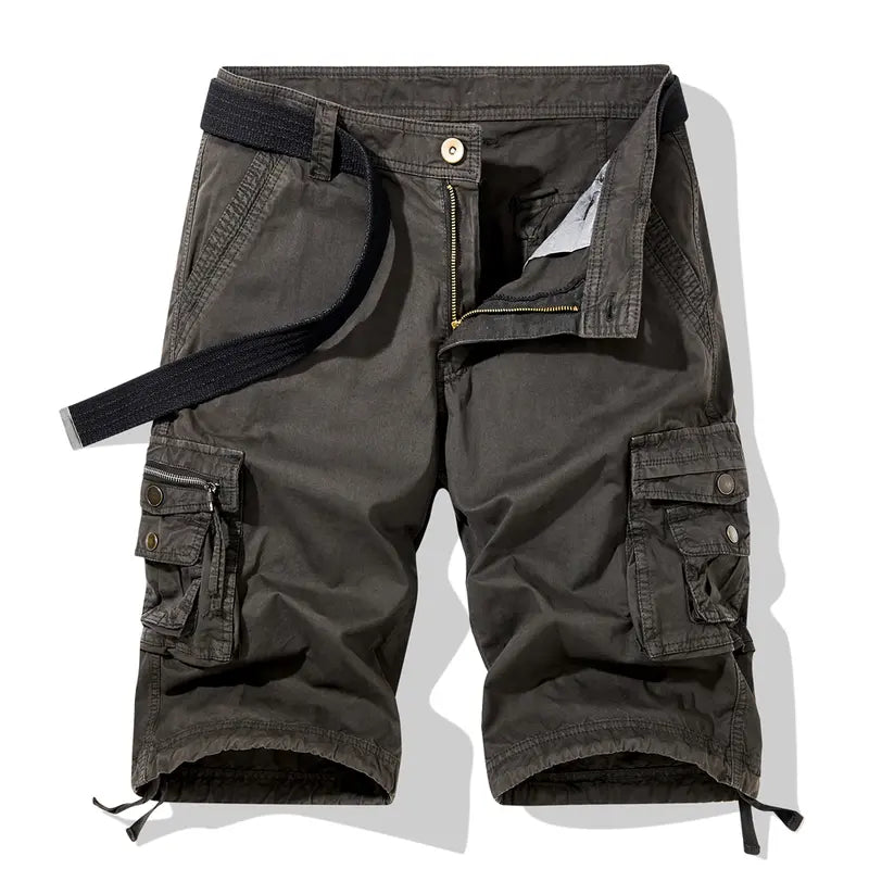 Men's Fashion Mid-Waist Cotton Basic Belted Cargo Shorts - Regular Fit, Multifunctional Pockets, Straight Design, Outdoor Ready, for Casual Wear
