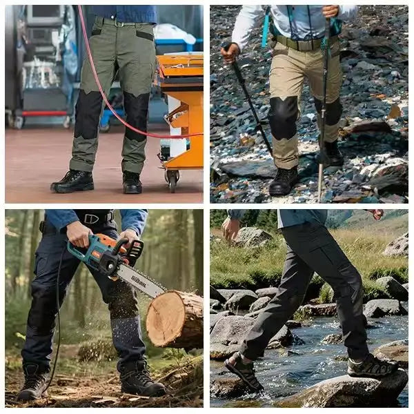 A set of 4 men’s tactical work pants is equipped with a stretch waistband and pockets. With knee pad design and made from a new 230 g/m² fabric, they are ideal for spring and summer wear as well as outdoor activities.