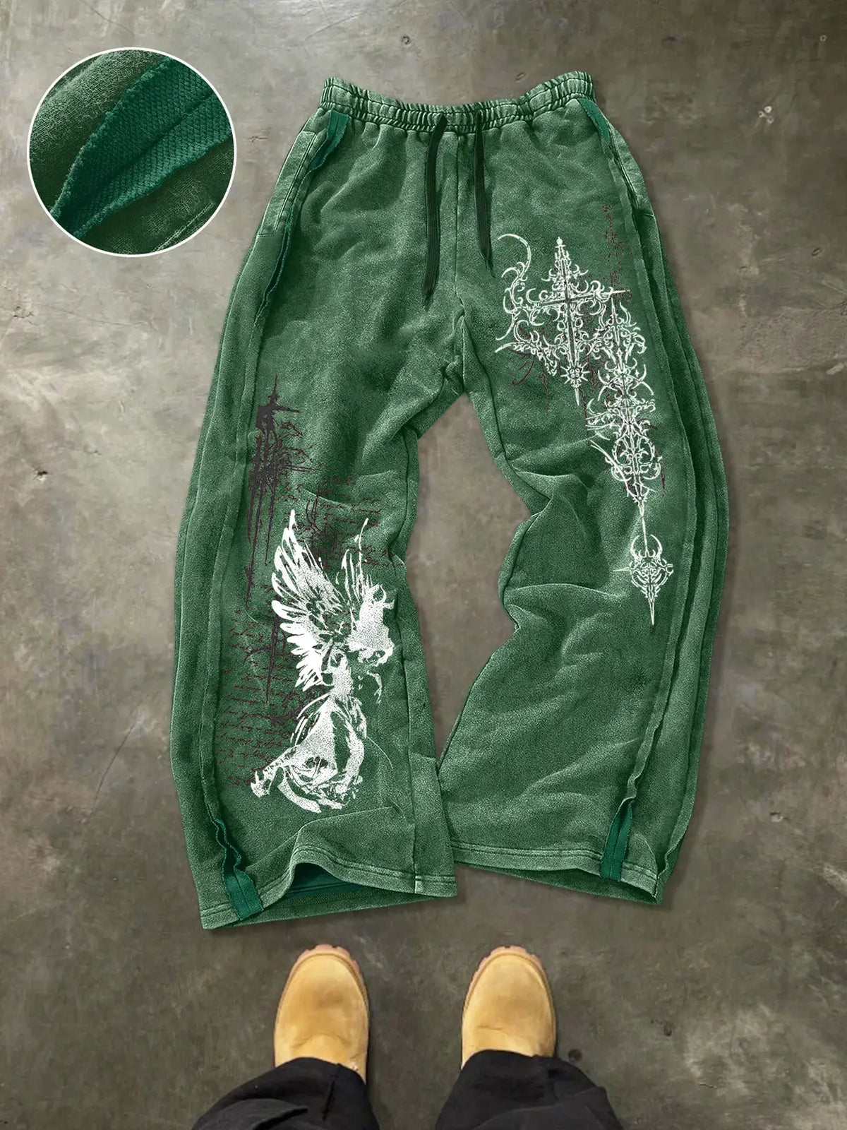 Men's Washed Cotton Sweatpants with Gothic Print, Contrast Side Stitching Detail, Comfortable Casual Pants for Daily Wear & Lounging