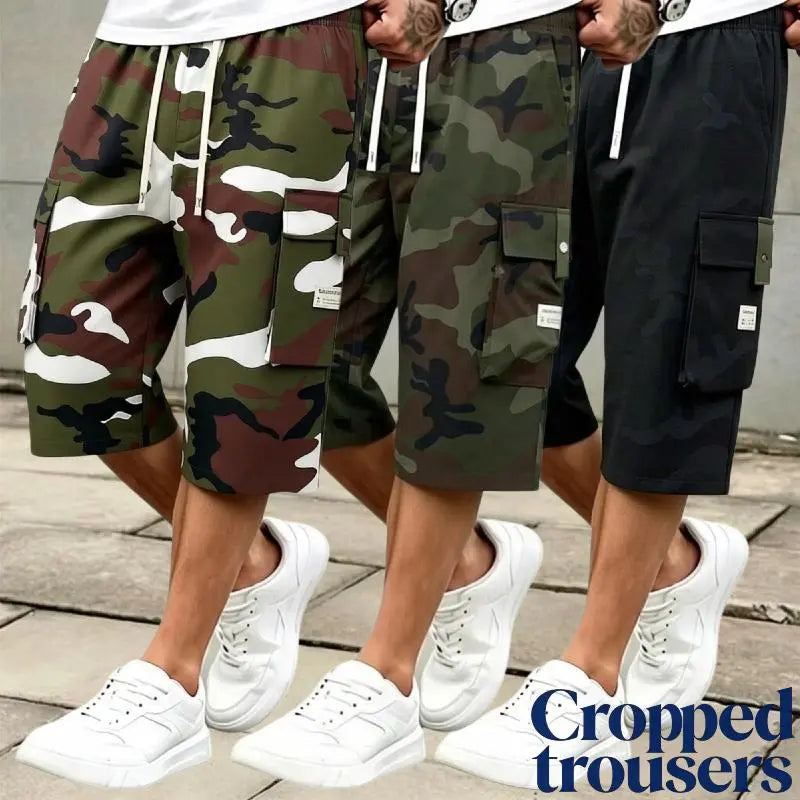 Men's 3-piece Camo Cargo seven-quarter trousers Capriers – Multi-Pocket Design, Drawstring Waistband, Casual Streetwear Shorts, Perfect for Everyday Wear & Urban Styling SpringStatements