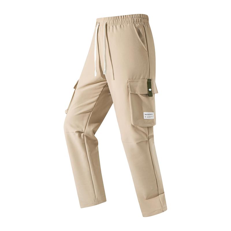 Men’s Cargo Pants - Menswear, Plain Basic Minimalist Polyester, Drawstring Elastic Waistband, Multiple Pockets, Versatile for Spring Autumn Everyday Casual Back-to-School Wear