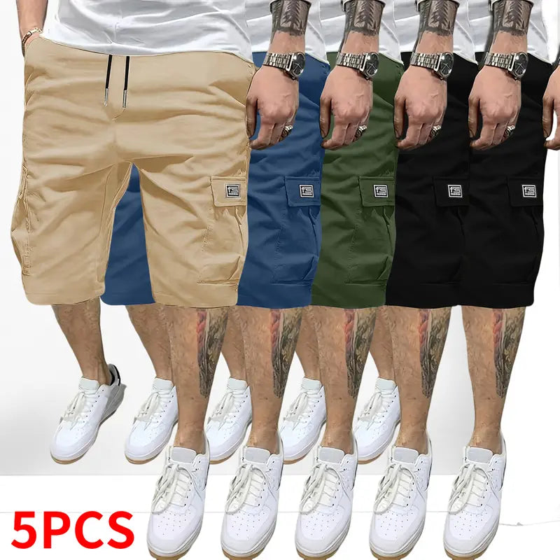 Men’s 5-Piece Extra Baggy Cargo Shorts Set - Men's Bottoms Activewear, Adjustable Drawstring Mid-Waist, Casual Chic Woven, Multi-Pocket, 4-Way Stretch, Cold Wash, Straight Cut, Summer Loose Jorts, Ideal for Camping, Father's Day Gifts, Extra Baggy Men's S