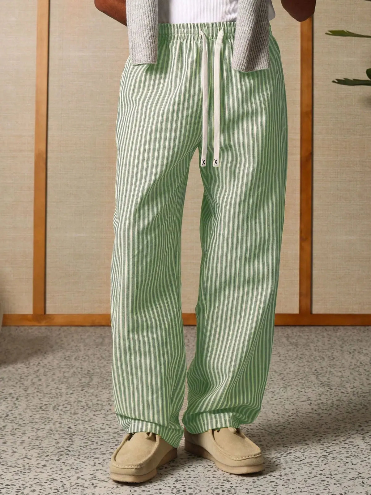 Men's Casual Striped Pants Breathable Cotton Linen Drawstring Elastic Waist Straight Leg Trousers For Men Lounge Work Outdoor