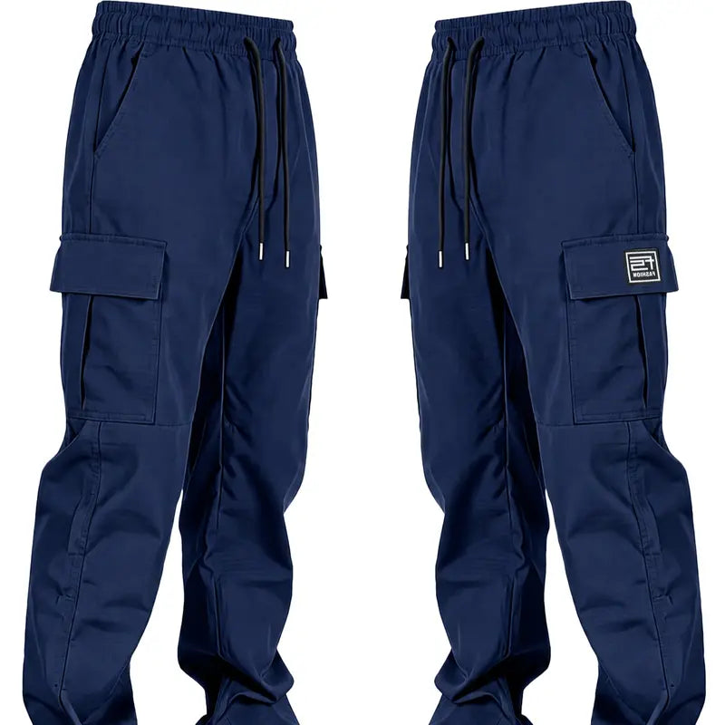 Men’s solid color tactical cargo pants — durable outdoor training pants with sport pockets; suitable for all seasons; casual streetwear pants.