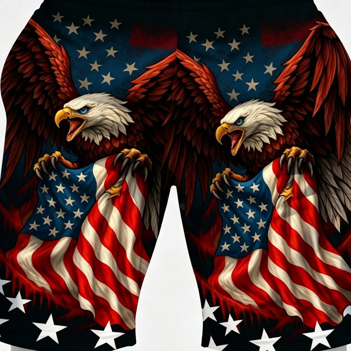 American 250th Anniversary Flame Flag Eagle Men's Casual Summer Shorts, All Over Print, Polyester Comfortable Lightweight, Drawstring Waist, Pocketed, Casual Beachwear, Fashionable