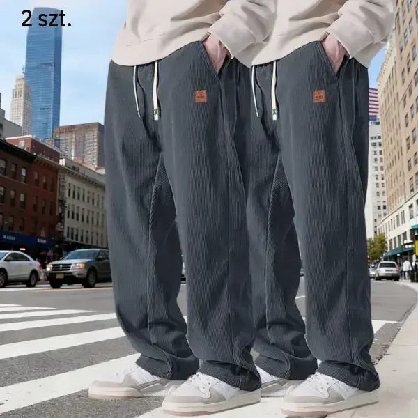 Men's 2-Pack Chic Cozy Long Cord Basics Pants - Men's Wear, Polyester Fabric, Washed Look, Loose Baggy Wide-Leg, Adjustable Drawstring, Pocketed for Autumn Winter Casual Wear