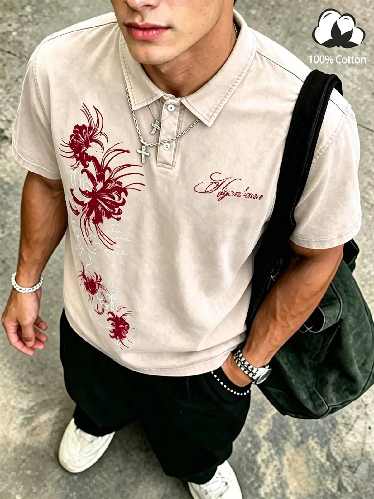 Unisex Dark Gothic Casual 100% Cotton Washed Floral Spider Lily Print Oversized Polo Shirt, Y2K American Retro Top, High Street Style, Casual Polo Shirts