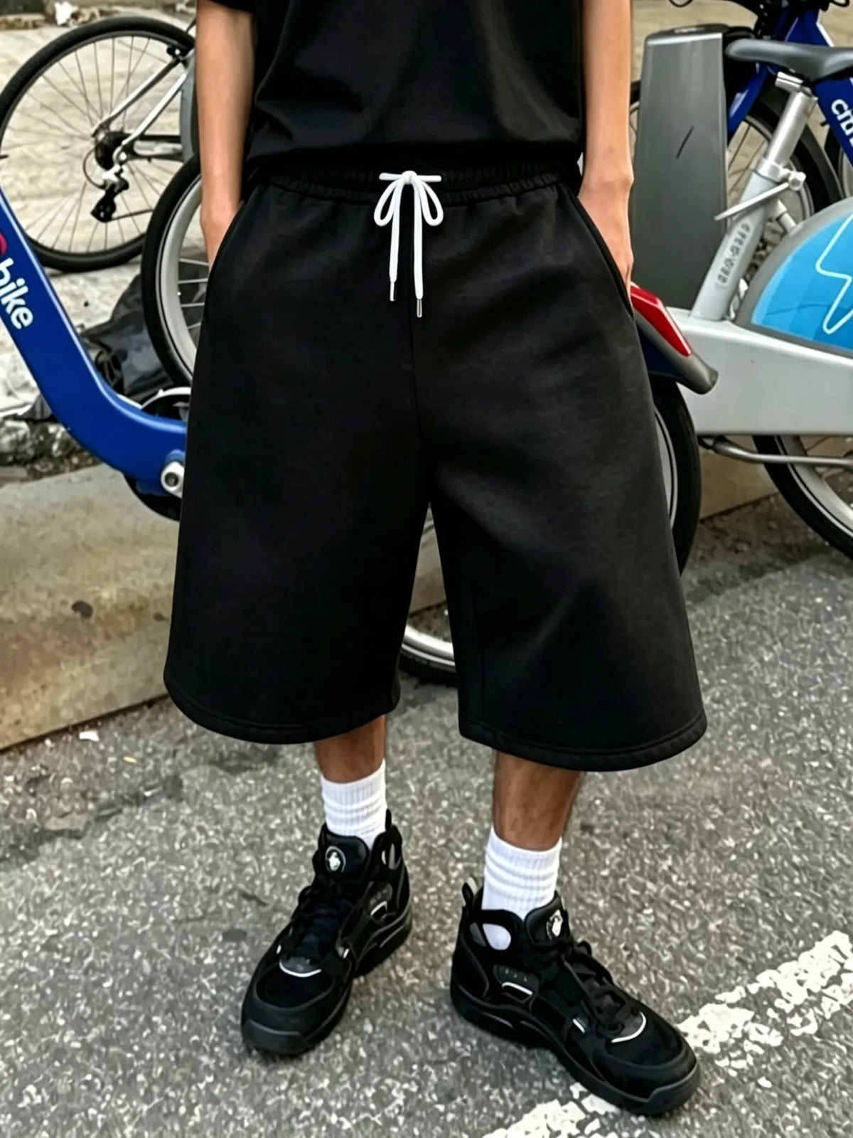 Solid Color Plain Casual Baggy Three-Quarter Pants, Comfortable Stretch Fabric, Streetwear Style, Unisex, Five Sizes Available, Man
