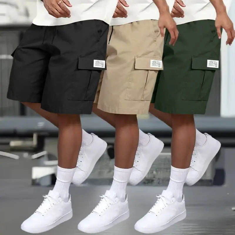 Men's 3-Pack Cargo Shorts Bundle (Black+Gray+Khaki) - Heavy-Duty Ripstop Fabric, Utility Pockets, Adjustable Waist, Fitted Cut, Workout Ready - Men's Clothing for Hiking, Construction Use, Size M