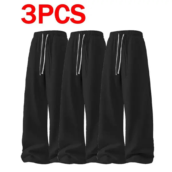 Men's 3-Pair Plain Joggers - 100% Polyester Lightweight Loose Straight Sweatpants, Drawstring, Side Pockets, Soft, Light Grey/Black/Dark Grey, 4-Season Comfort, Menswear for Sports, Gym, Casual Use, Grey Sweatpants