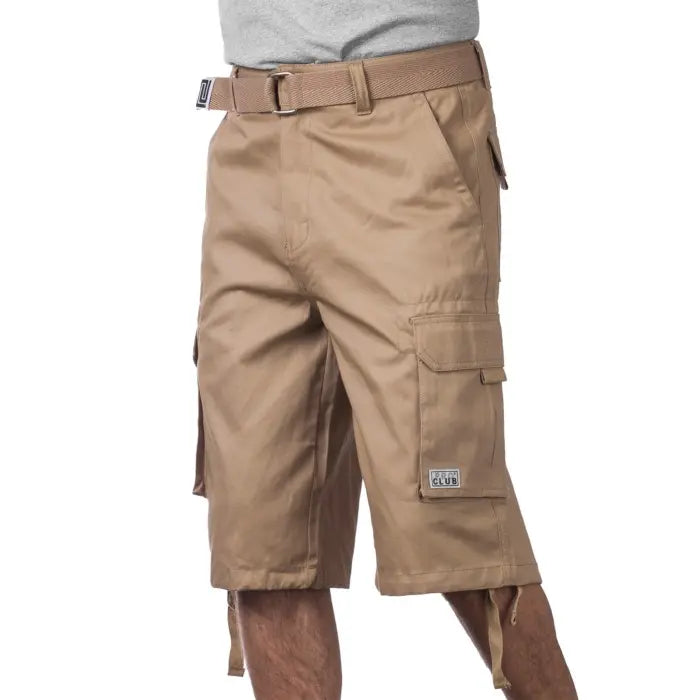 Pro Club Men's Cotton Twill Cargo Shorts With Belt - Breathable Relaxed Fit, 6 Pockets, Removable Belt, Plain Long Fabric for Summer Menswear