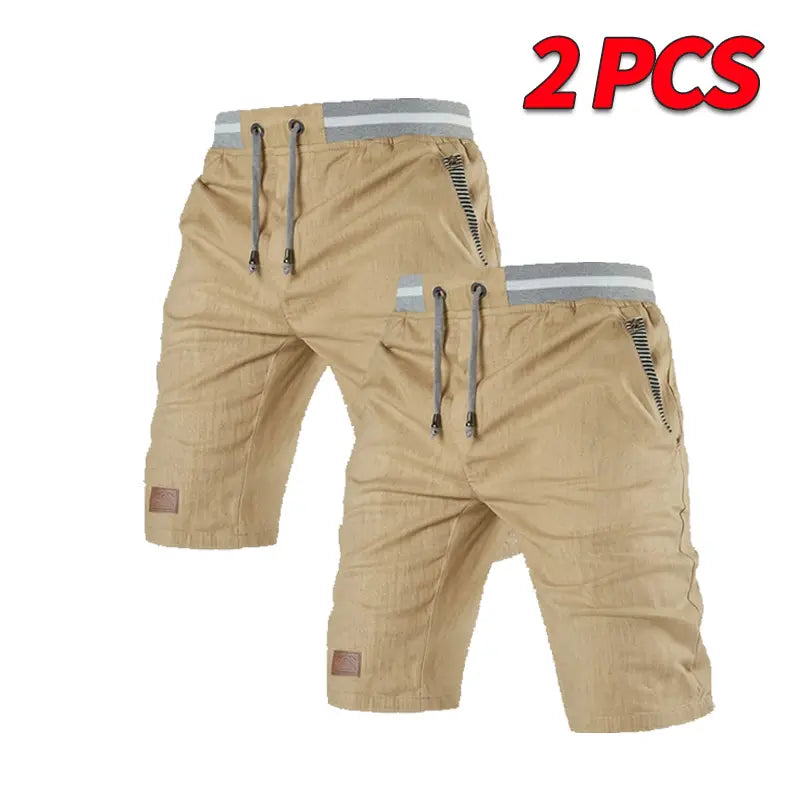 Men’s Classic Relaxed High Waist Quick-Dry Bermuda Shorts 3-Pack - Soft, Breathable, Wear-Resistant Fabric, Adjustable Elastic Waistband with Drawstring, Striped Pockets, Leather Patch, Contrast Binding, Fashion Menswear Basics for Outdoors, Commuting