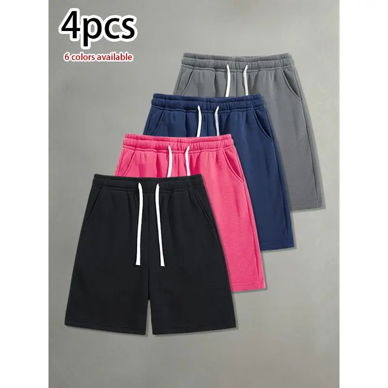 Pack of 4 men’s summer casual shorts featuring a drawstring elastic waistband, skin-friendly and breathable fabric, and a loose fit for everyday wear, leisure activities, sports, and fitness.summervibes