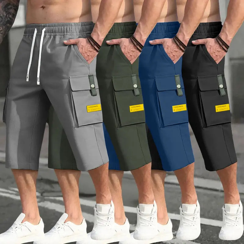 Men's 4-Piece Cargo Pants Set - Casual Comfy Trouser with Fitted Cut, Mid Waist, Drawstring Waist Adapts to Your Fit, Large Pockets for Daily Gear, Letter Patches, Stylish Summer Workwear (Black, Gray, Blue, Khaki)