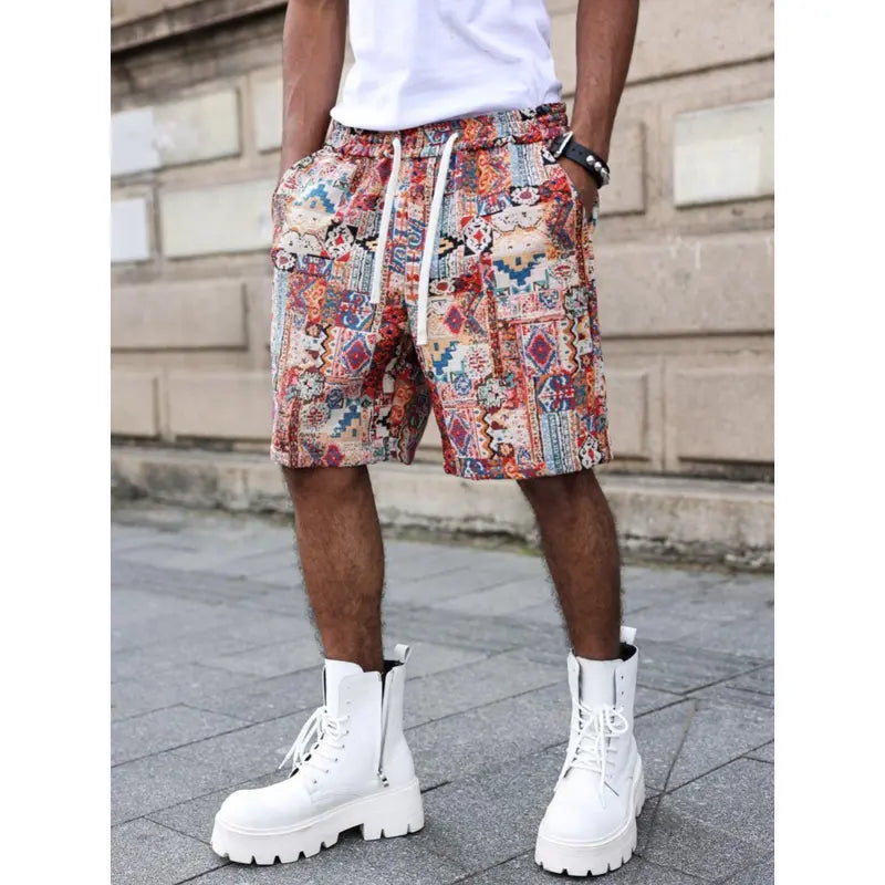 Men's Tribal Geometric Print Vibrant Casual Shorts - Lightweight Streetwear, Above the Knee Athleisure Bottoms with Drawstring & Zippered Pocket, Artful Ethnic Detailing, Bohemian Tapestry Design for Sneakers