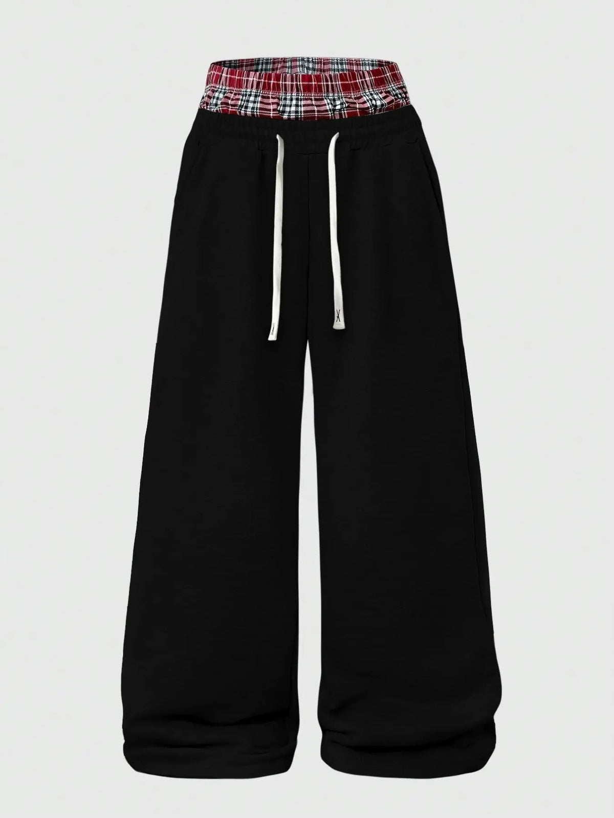 Men's Light Heather Gray Wide Leg Sweatpants, Double Layer Red Plaid Contrast Waistband, White Drawstring Closure, Side Seam Pockets Loose Y2K Streetwear Fashion Casual Trousers, Suitable For Daily Hip Hop Matching Casual Outdoor