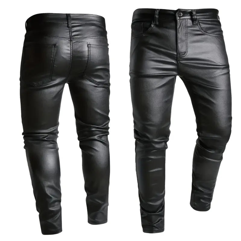 Men’s high-street black leather pants — slim fit, slimming, casual long trousers with a cool street-bad boy look
