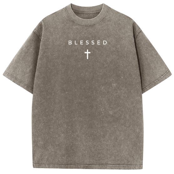 Women's Premium Cotton Fabric Round Neck Short Sleeve T-Shirt - Soft Touch, Vintage Washed, Cross & Letter Graphic, Breathable, Easy to Layer, Casual Street Summer Top for Daily Wear