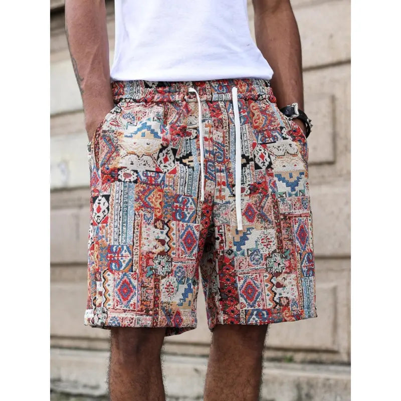 Men's Tribal Geometric Print Vibrant Casual Shorts - Lightweight Streetwear, Above the Knee Athleisure Bottoms with Drawstring & Zippered Pocket, Artful Ethnic Detailing, Bohemian Tapestry Design for Sneakers