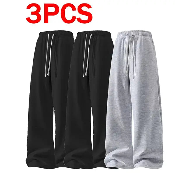 Men's 3-Pair Plain Joggers - 100% Polyester Lightweight Loose Straight Sweatpants, Drawstring, Side Pockets, Soft, Light Grey/Black/Dark Grey, 4-Season Comfort, Menswear for Sports, Gym, Casual Use, Grey Sweatpants