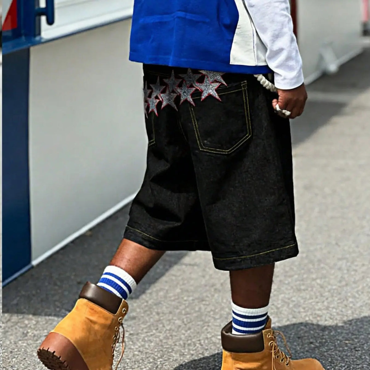 Men's American High Street Spider Embroidery Wide-Leg Denim Shorts, Straight-Leg Capri Pants, Casual Streetwear Shorts