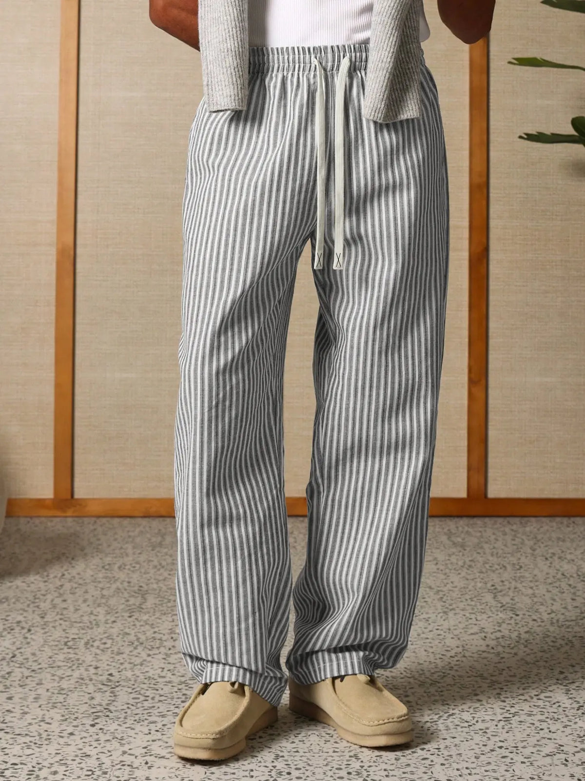 Men's Casual Striped Pants Breathable Cotton Linen Drawstring Elastic Waist Straight Leg Trousers For Men Lounge Work Outdoor