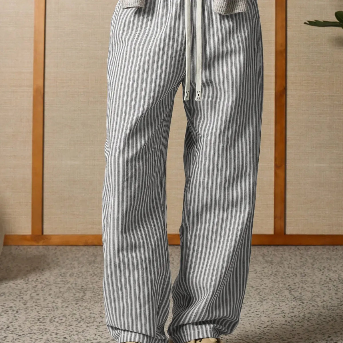Men's Casual Striped Pants Breathable Cotton Linen Drawstring Elastic Waist Straight Leg Trousers For Men Lounge Work Outdoor
