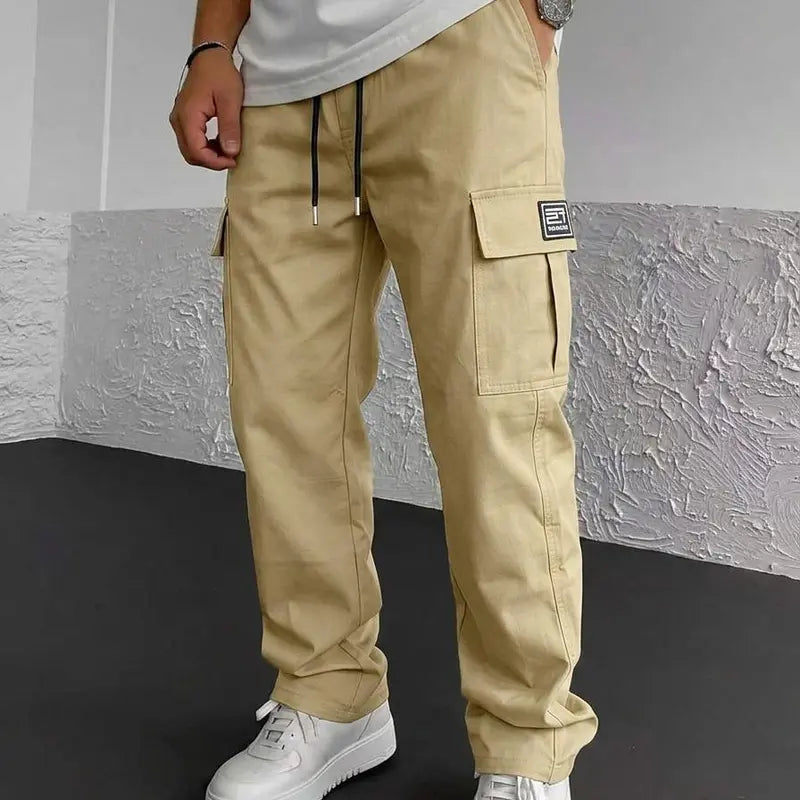 Men’s solid color tactical cargo pants — durable outdoor training pants with sport pockets; suitable for all seasons; casual streetwear pants.