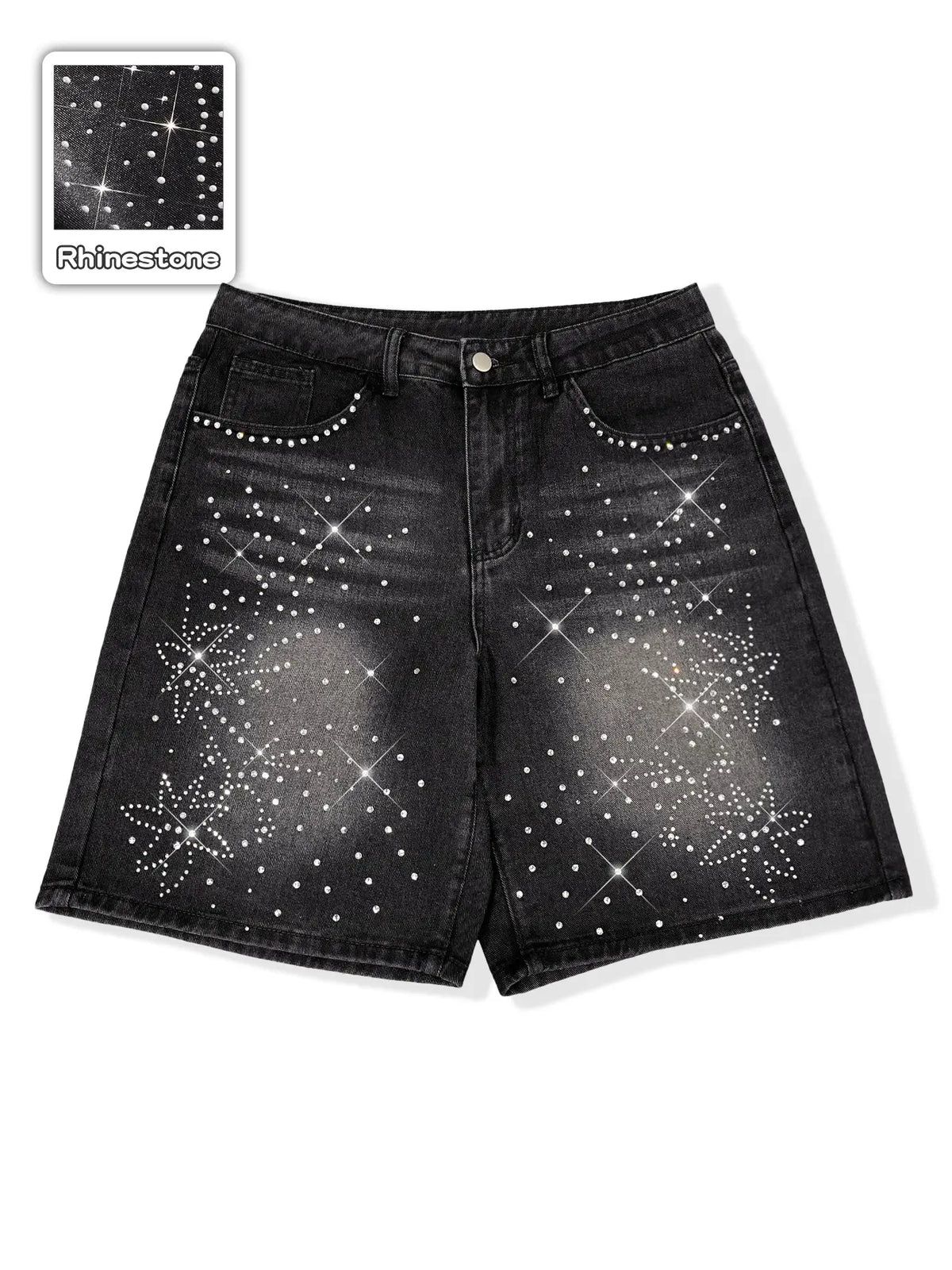 Diamond-studded casual jeans, black fully-studded cross-shaped casual baggy denim shorts, American street style, avant-garde casual denim cropped pants, fashion trends, suitable for men with taste, Loose, Menswear