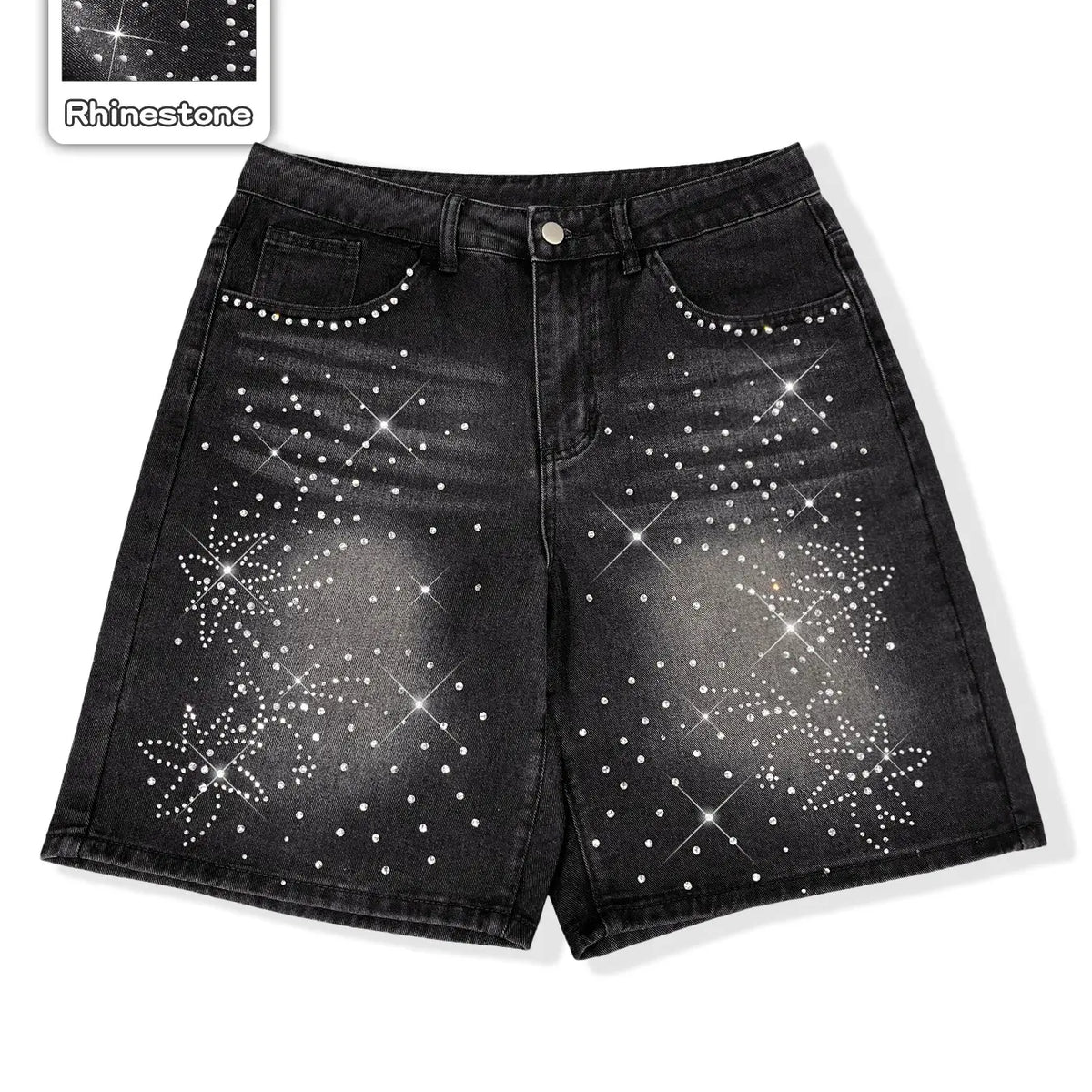 Diamond-studded casual jeans, black fully-studded cross-shaped casual baggy denim shorts, American street style, avant-garde casual denim cropped pants, fashion trends, suitable for men with taste, Loose, Menswear