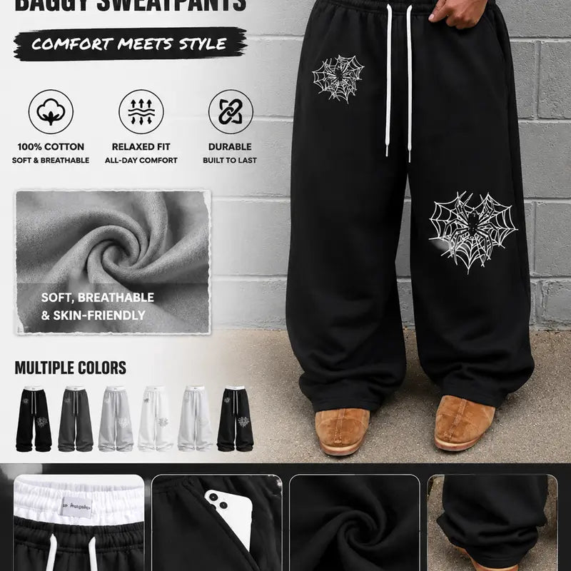 Men's Baggy Sweatpants 100% Cotton Spiderweb Graphic Pants, Relaxed Wide Leg Jogger Pants with Elastic Drawstring Waist, Deep Pockets, Streetwear Lounge Bottoms for Men, Casual Track Pants for Weekend Outfits
