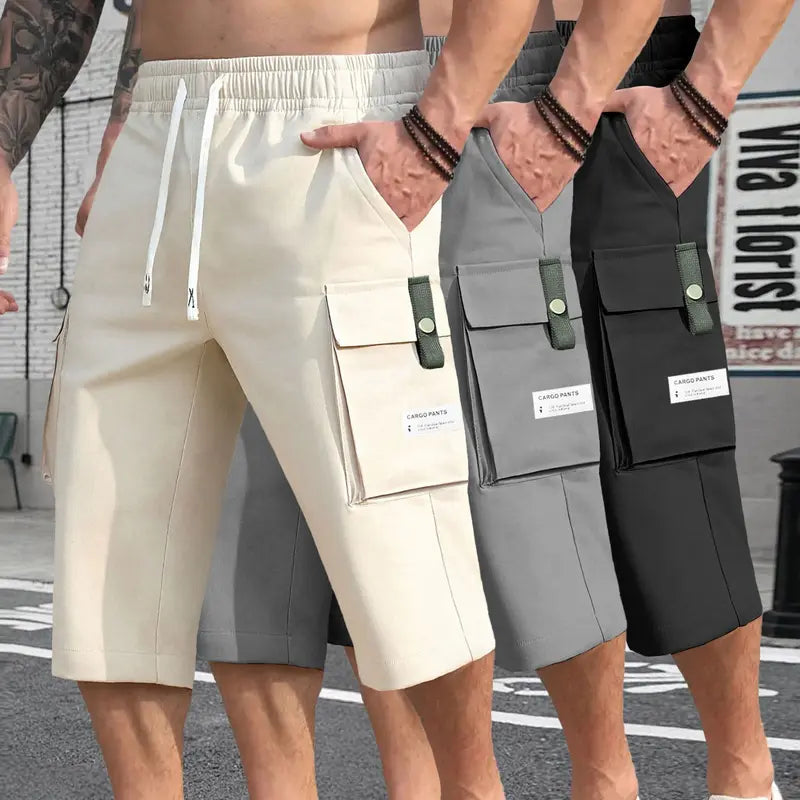 Men's Plain Street-Style 3-Piece Bermuda Drawstring Jorts Set (Black-Gray-Khaki), Relaxed Fit, Lightweight Fabric, Large Pockets, Athletic Menswear, Easy to Style, Ideal for Hot Weather & Outdoor Use, Drawstring Jorts Men's Shorts