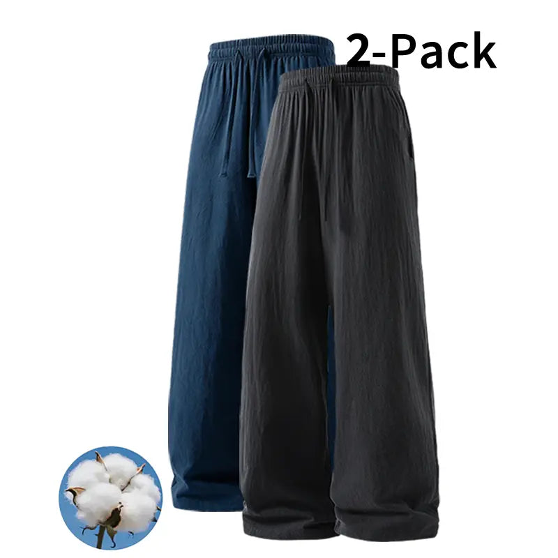 Men's 2-Pack Casual Linen-Cotton Blend Drawstring Pants, Baggy Fit, Lightweight, Anti-Wrinkle, Non-See-Through Menswear Trousers