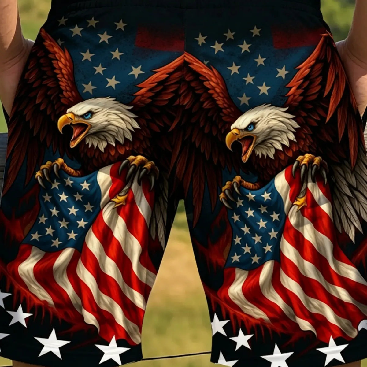 American 250th Anniversary Flame Flag Eagle Men's Casual Summer Shorts, All Over Print, Polyester Comfortable Lightweight, Drawstring Waist, Pocketed, Casual Beachwear, Fashionable